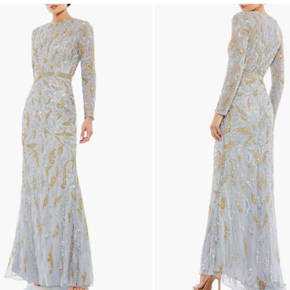 MAC DUGGAL BEADED LONG SLEEVE PLATINUM GOLD EVENING GOWN sz 6